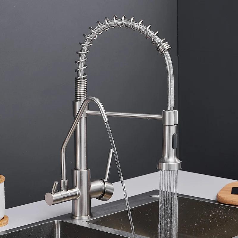  Nickel Spring Pull Down Kitchen Faucet Dual Spouts 360 Swivel Handheld Shower Kitchen Mixer Crane H - 33045520559