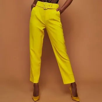

Women Casual Pants Solid Color High Waist Ankle Length Trousers Straight Type Size S To XXL Cotton Blend Waist Belt Loose Pants
