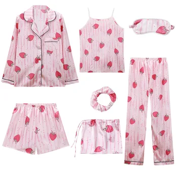 

2020Spring Sexy Pijama Set 7 Pieces Pajamas Sets For Sleepwear Clothes Pyjamas Women Home Suit Pijamas Women Nightwear Sleepwear