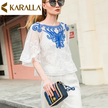 

New Arrival Elegant Floral Embroidered Mesh Two Pieces Shirt Summer Women Casual Half Sleeve Blouse Female Short Tops C904