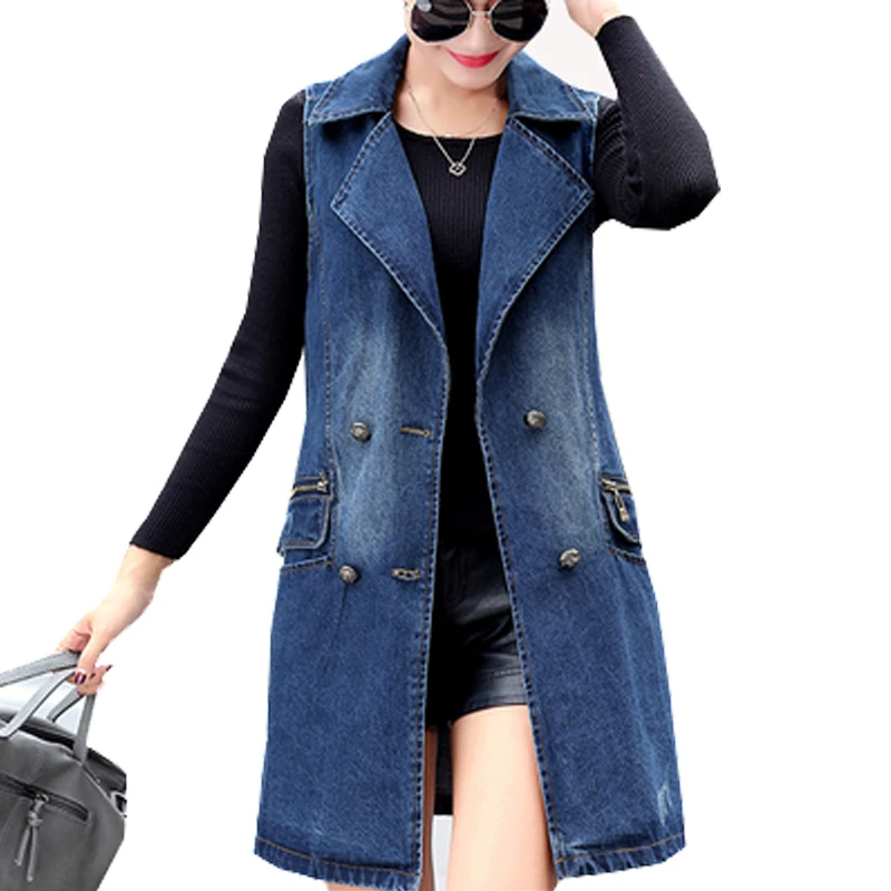 Women Long Denim Vest Coat Nice New Spring Fashion Vintage Washed Double Breasted Sleeveless