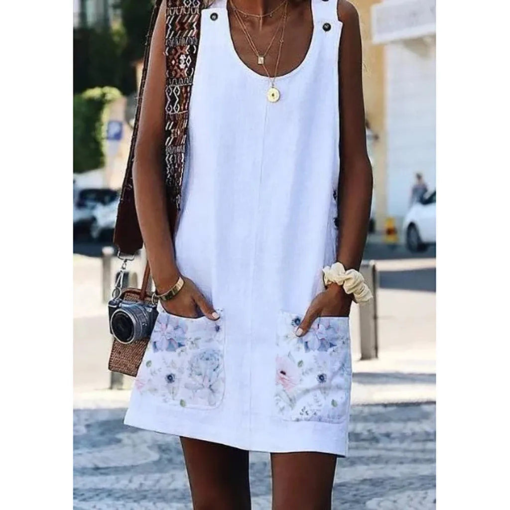 

Crew Neck Women Dresses Daytime Casual wear home clothing of summer ladies white dress Sundress Floral Pockets Plus Size 3XL