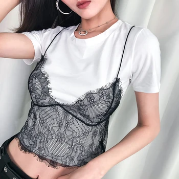 

Korean Clothes T Shirt Women , Womens Short Sleeve Tops Gothic , Streetwear Vintage Lace Poplin Short Womens Clothing Tshirt