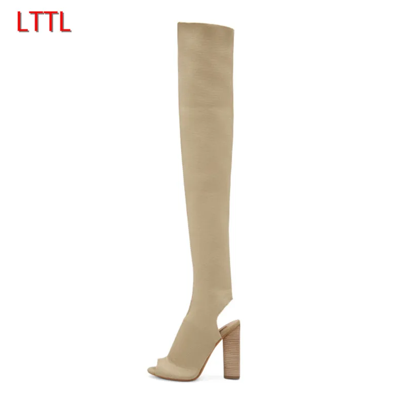 

Individual Stretch Sock Booties For Women Peep Toe Knitted Elastic Chunky Heel Fashion Runway Thigh High Boots