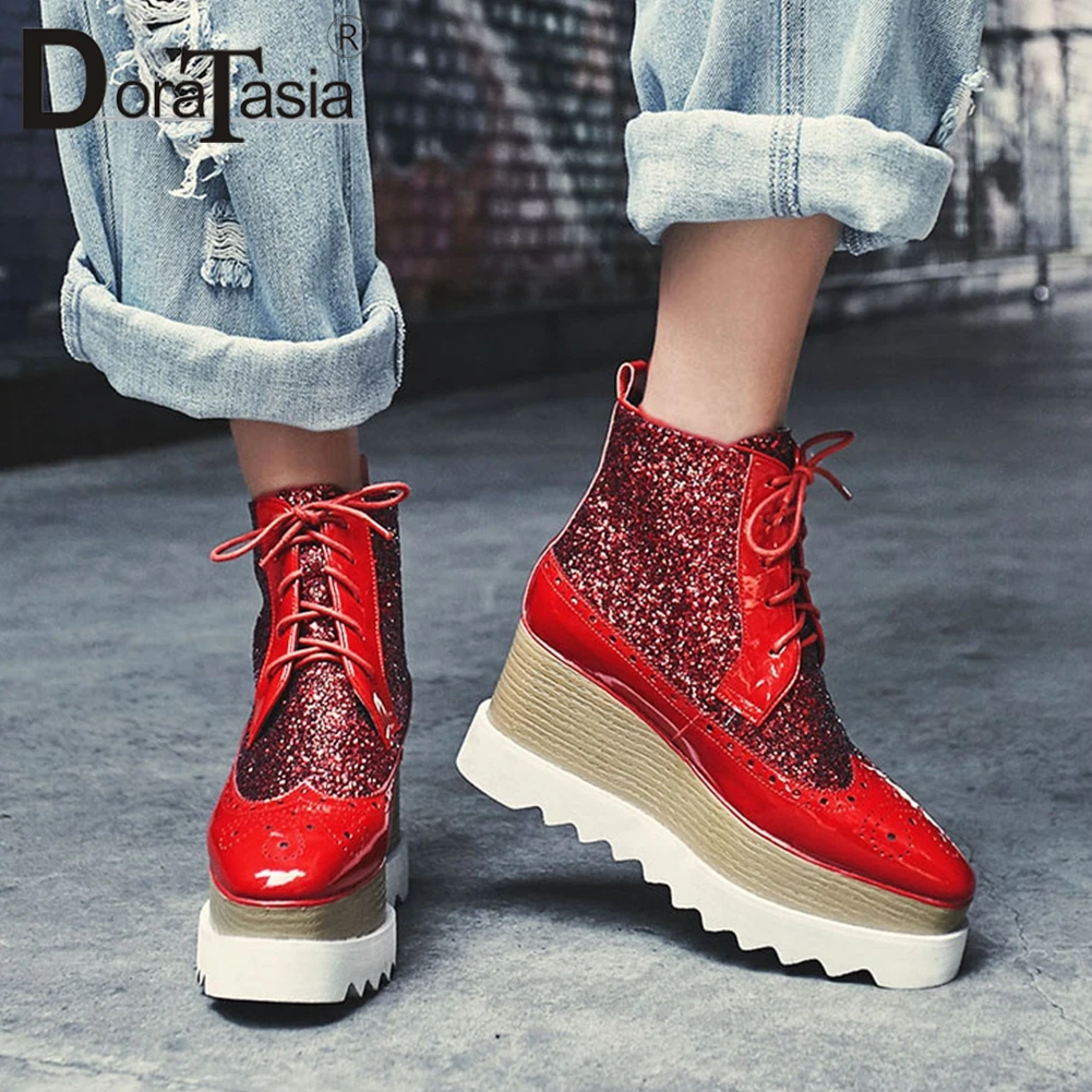 

DORATASIA Fashion Blings Patent Leather Short Plush Ankle Boots Woman British Style Flatform Ankle Boots Women Shoes Woman 33-42