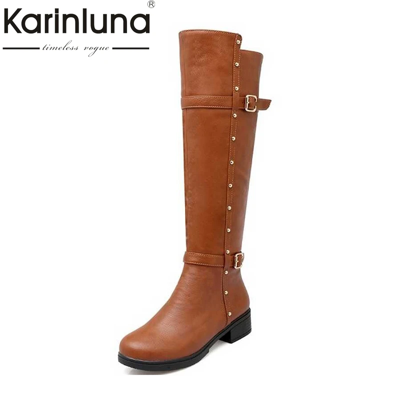 

BKarinLuna big Size 34-43 Women Knee High Boots Rivets Buckle Straps Platform women Shoes woman winter riding Boots