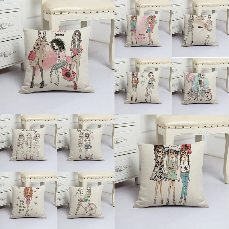 

Beauty Cartoon Girls Linen Printed Character Cushion Cover Throw Pillow Covers Fashion Shopping Confidante Pillowcases for Women