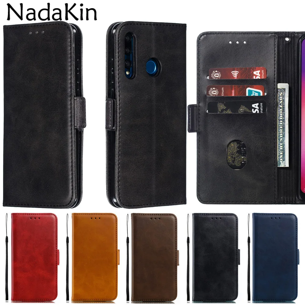 

Retro Style Plain Flip Leather Book Phone Case Shell for Huawei Honor 20 Lite 10i P Smart Plus 2019 Wallet Cover With Strap