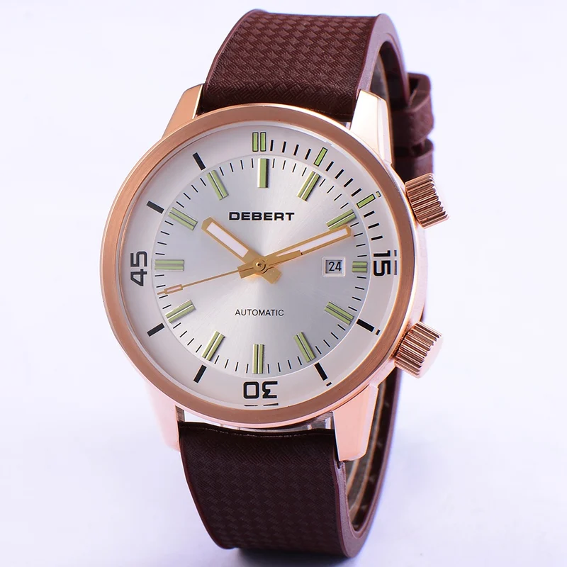 

DEBERT 44.5mm Mens Automatic Watch Two Crowns 5 ATM Waterproof WristWatch Rosegold Case Rubber Strap Mechanical Watch DT7919RWR