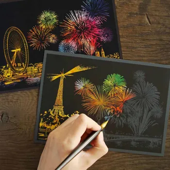 

4x Engraving Colorful Fireworks Night View Scratch Art Postcard Kit Scraper Set