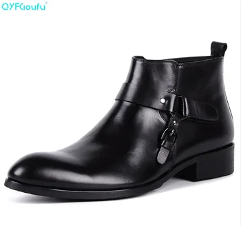

QYFCIOUFU Fashion Boots For Men Genuine Leather Quality Cow Leather Ankle Boots Zipper Buckle Black Wine Red Mens Dress Boots