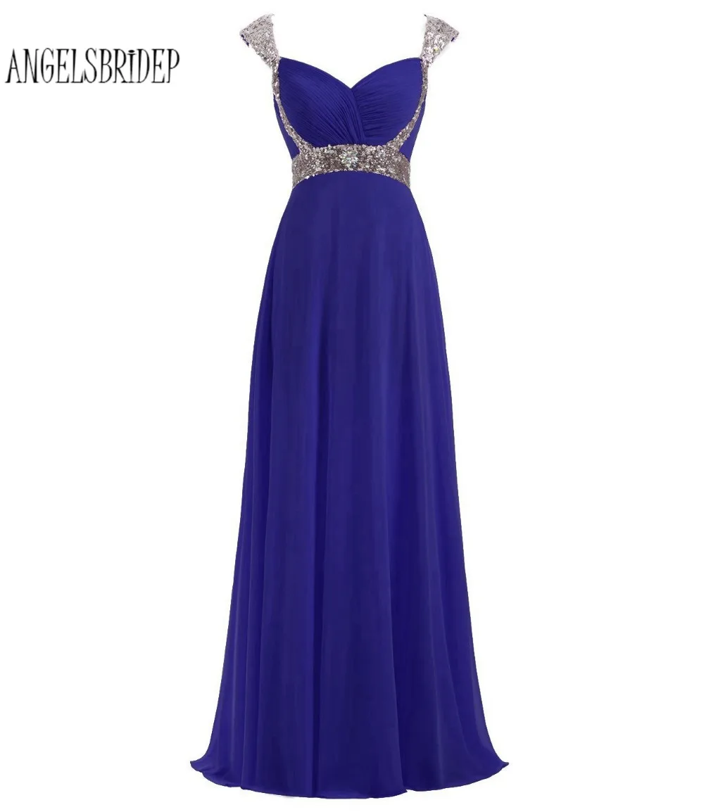 ANGELSBRIDEP Cap Sleeve Prom Dresses 2018 Royal Blue Beaded Chiffon