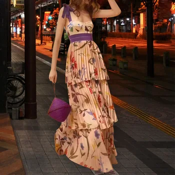 

Print Strap Dresses Women Sleeveless High Waist Floor Length Pleated For Holiday Dress Female 2019 Summer Casual Fashion New
