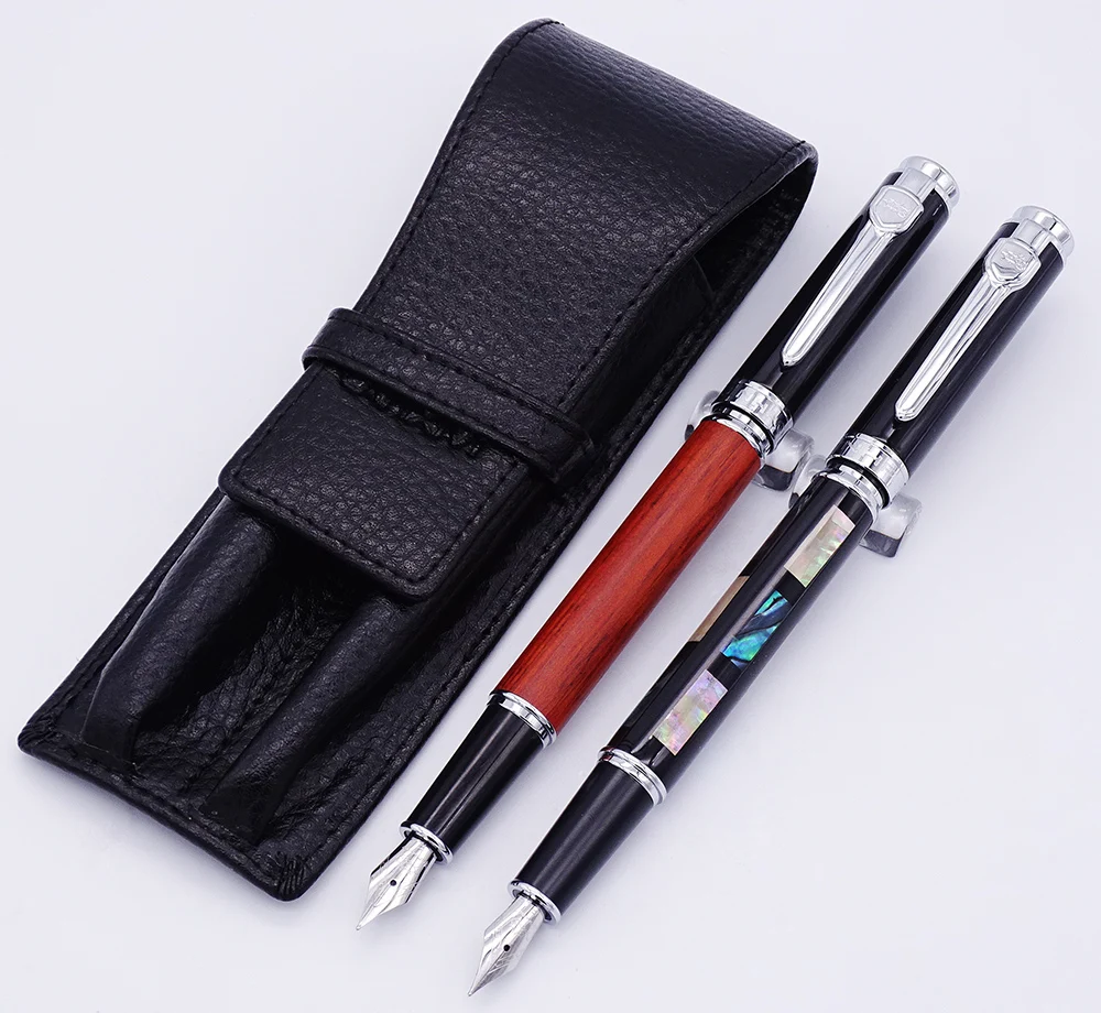 

Jinhao 8802 Sea Shell & Redwood Fountain Pen with Real Leather Pencil Case Bag Washed Cowhide Pen Case Holder Writing Gift Set