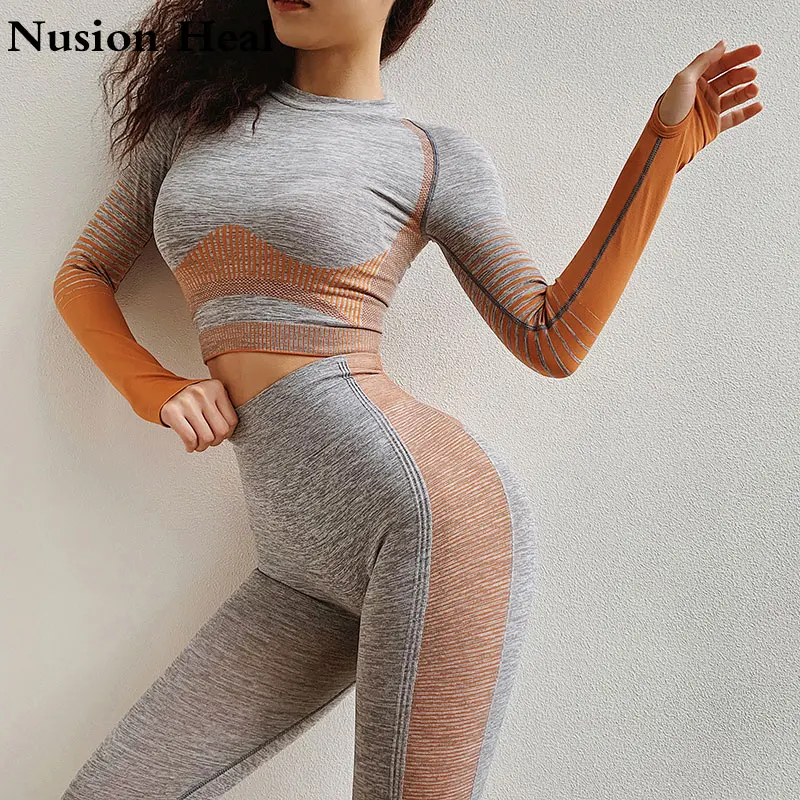 

Running Orange Ombre Yoga Shirts Seamless Sport Shirts Long Sleeve Workout Crop Top With Tumb Hole Comfy Sports Top Gym Women
