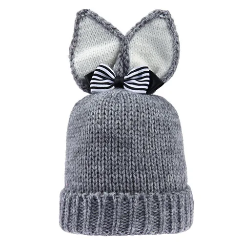 Puseky Kawaii Лыжная Милая шапка с заячьими ушками для новорожденных мальчиков и девочек, зимняя теплая шапка с кроликом, вязаная шапка с плюшевой шапочкой, полосатые шляпки с бантом - Цвет: Grey