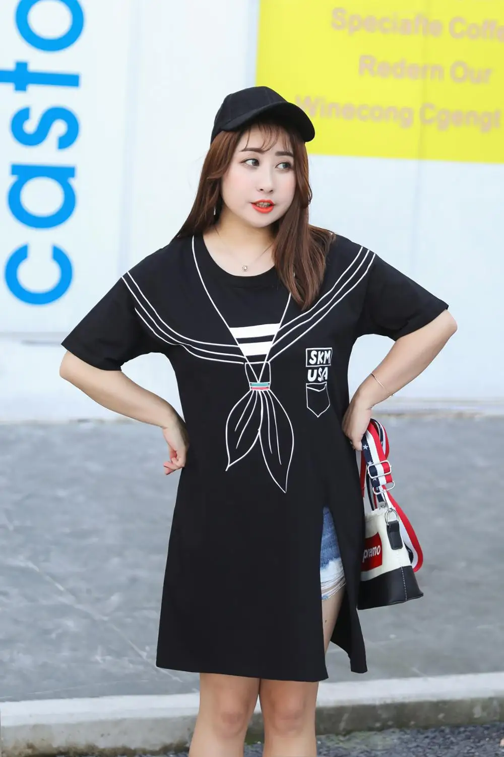 

MINSUNDA Plus Size Summer Preppy Style Women's Short Sleeve Printed Tops Cute Tees Round Neck Split Loose Casual Long T-shirt