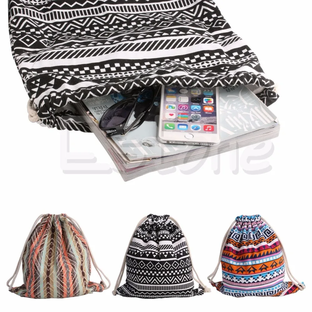 

THINKTHENDO Unisex Vintage Retro Geometric Printing Backpacks Canvas Drawstring Ethnic Bag