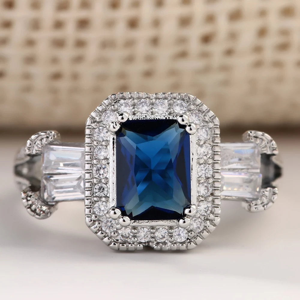 Silver Color Blue Square Crystal Ring Fashion Women Wedding Engagement Ring Jewelryin Rings