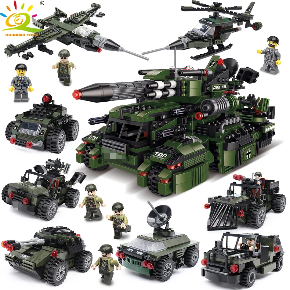 

967pcs 8in1 Military Vehicle Super Tank War Plane Building Blocks Compatible Legoingly Weapon Army figure WW2 Trucks Toys Child