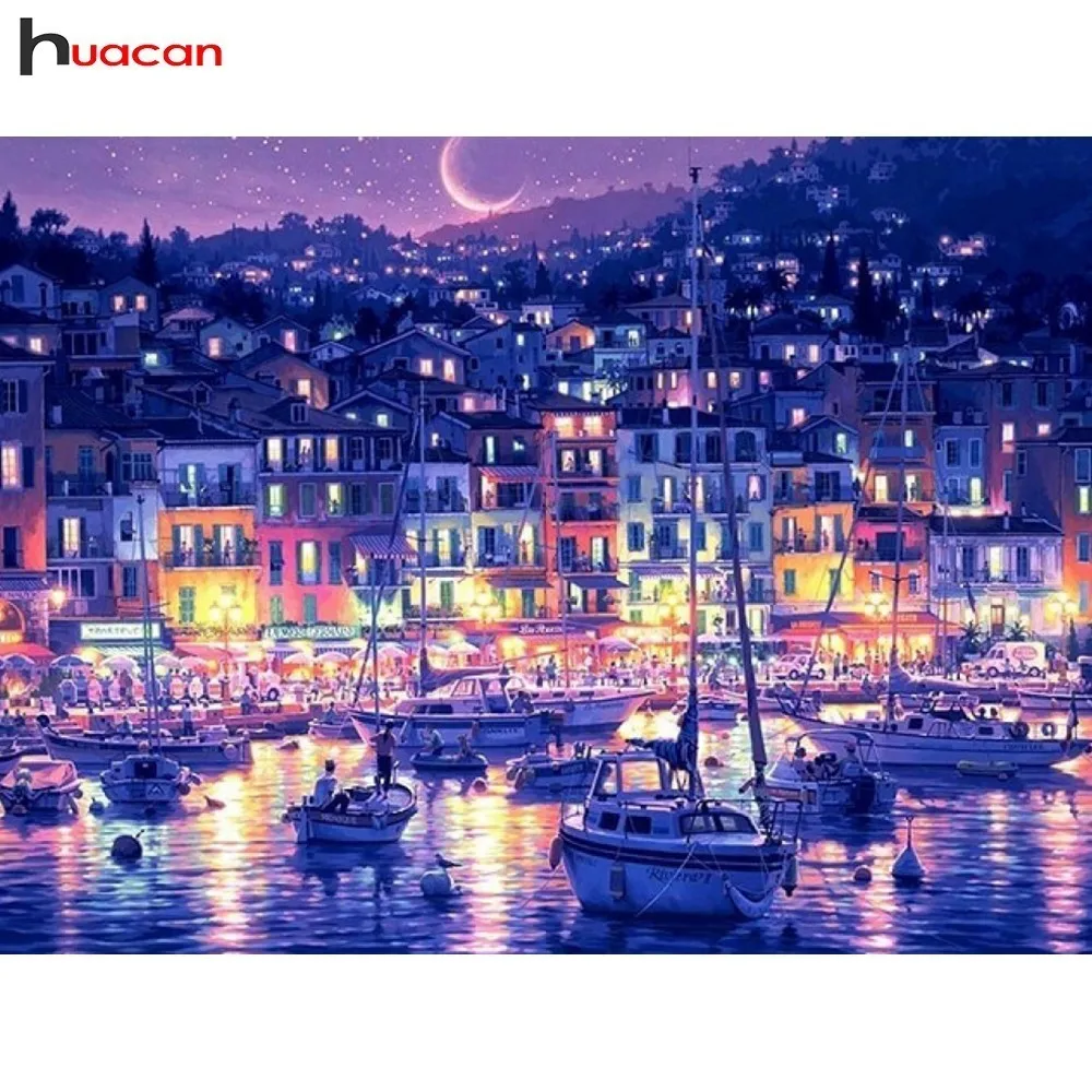 

HUACAN Diamond Embroidery Painting Cross Stitch Landscape Picture Rhinestones Night Scene Full Square Diamond Mosaic