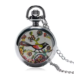 Ретро античный карманные часы Нержавеющая сталь Дело Птица Дизайн fob Часы с длинными Серебряная Цепочки и ожерелья для дам Best подарок