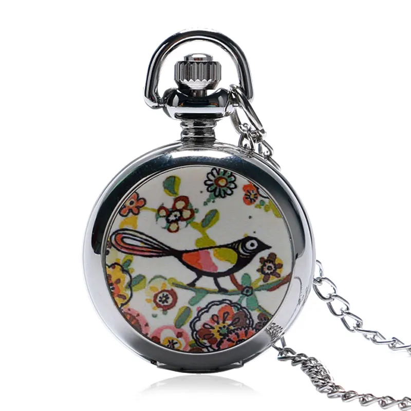 

Retro Antique Pocket Watch Stainless Steel Case Bird Design Fob Watches with Long Silver Necklace for Ladies Best Gift