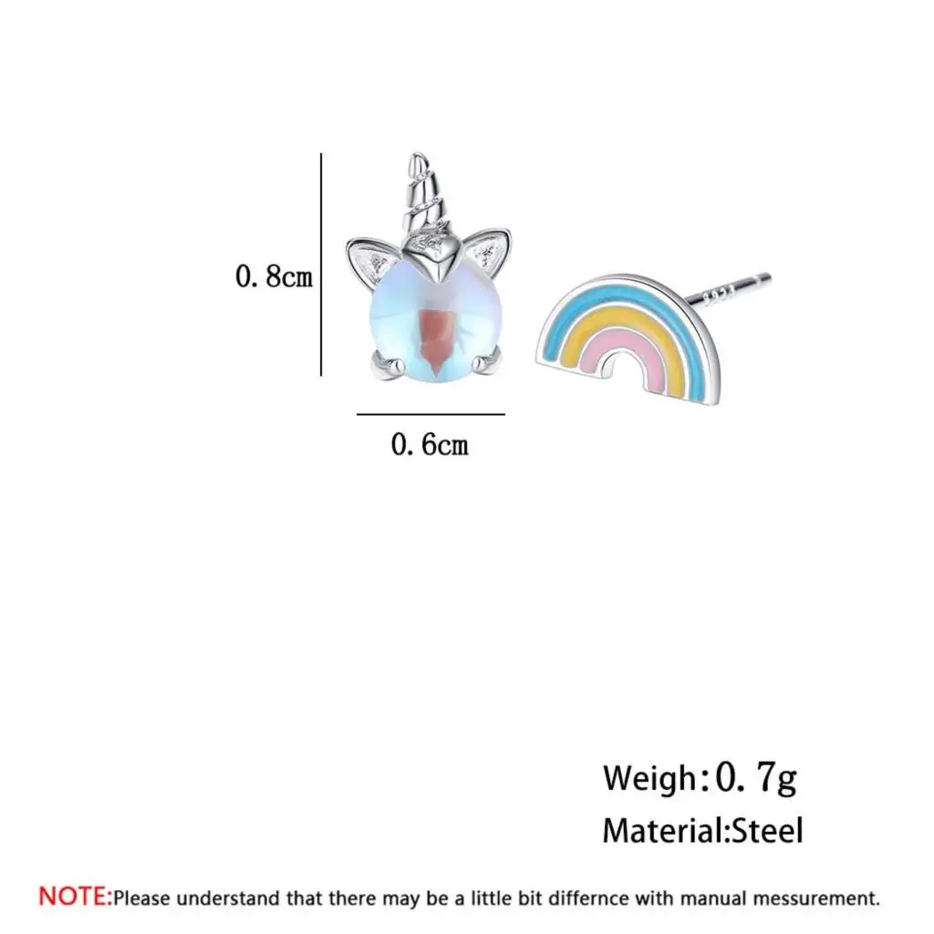 QIMING/радужные серьги-гвоздики в виде единорога для маленьких детей; детские ювелирные изделия; асимметричные серьги с серебряным камнем в виде животных; модные милые серьги для женщин; подарок