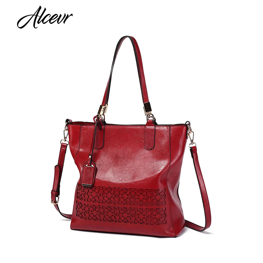 

ALCEVR Brand Women Shoulder Bag Female Oil PU Leather Handbag Ladies Designer High Quality Hollow Out Large Capacity Tote Bag