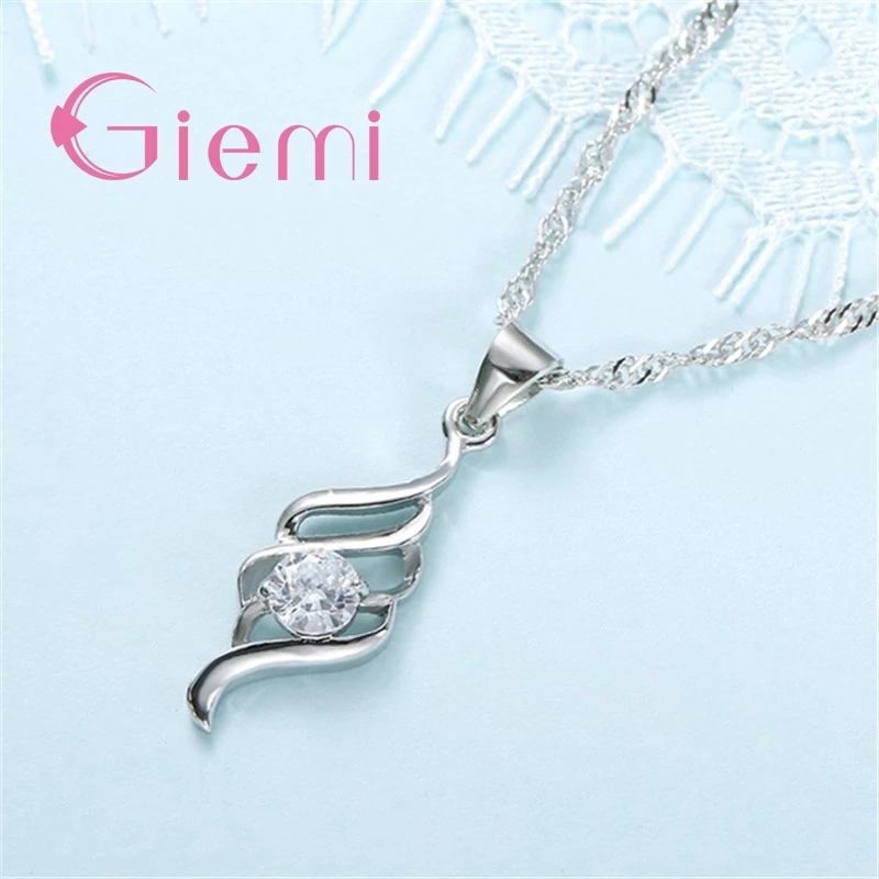 Nice Solid 925 Silver Jewelry Sets for Women Wedding Engagement Party CZ Angel Wings Pendant Necklace Hoop Earrings Set