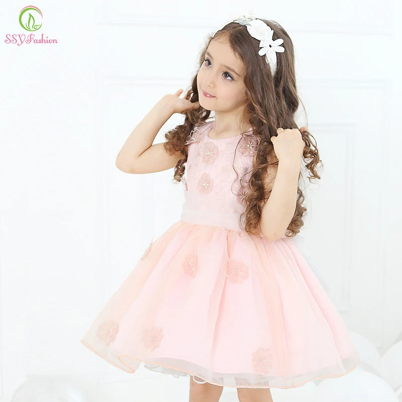 

SSYFashion Lovely Princess Dress Children Pink White Flower Girl Dresses for Wedding First Communion Birthday Party Ball Gown