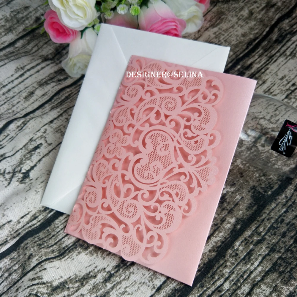 

Blush Pink Sweetheart Laser Cut Wedding Invitation Trifold Pocket with Customized Printing Insert, RSVP Card and Envelope