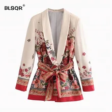 BLSQR, женский элегантный блейзер с цветочным принтом, с поясом, длинный рукав, верхняя одежда, с фигурным карманом, офисный, повседневные топы, новинка