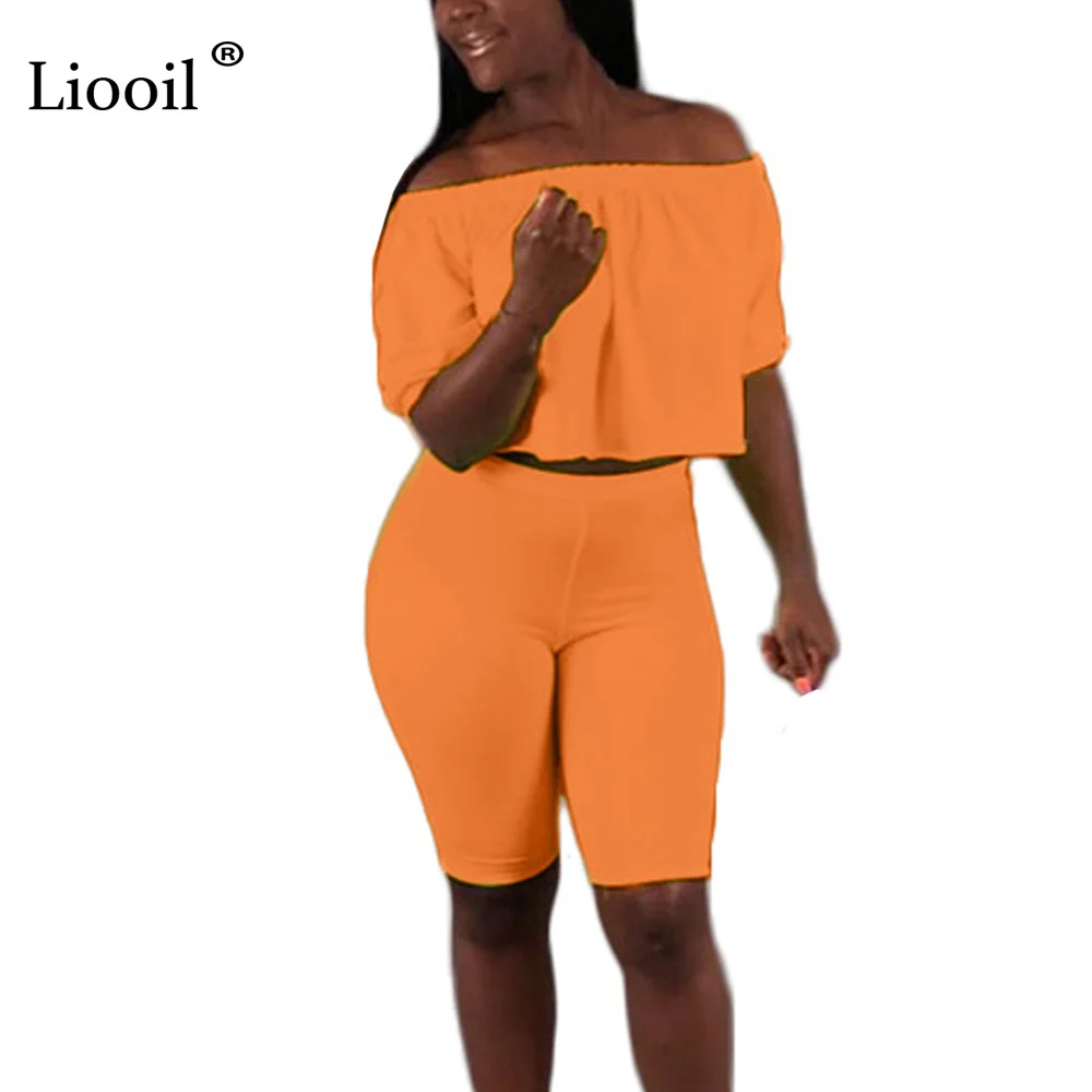 

Liooil Neon Green Orange Two Piece Active Short Set 2019 Summer Outfit For Women Off Shoulder Top And Biker Shorts Track Suits