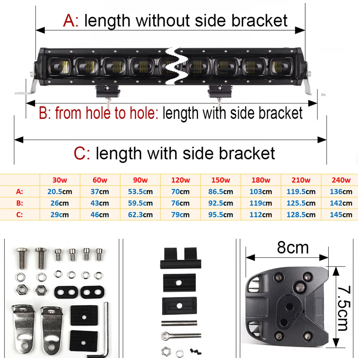 Led Light Bar 6d lens 30w 60w 90w 120w 150w 180w 210w 240w grille single row front bumber car roof lightbar 8 14.5 21 27.5 34 40.5 47 53.5 inch truck atv suv offroad off-road 4x4 4wd pickup 12v 24v (4)
