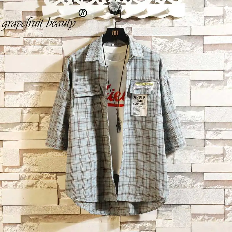 

summer personality Hong Kong version of the trend of color matching plaid shirt men's casual hip hop loose long-sleeved shirt 5X