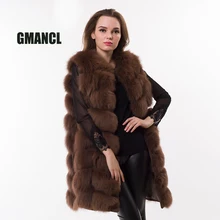 GMANCL Real Fox Fur Vest Long Style Coat Female Jacket Striped Sewed Fashion Slim Real Fur Sleeveless Covered Button Women Vest