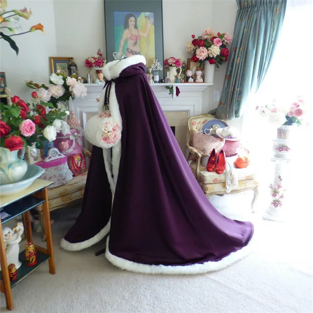 Reviews Beauty and the Beast Victorian Bridal cape 69 inch Purple Satin with Fur Trim Wedding Cloak SF0200PD