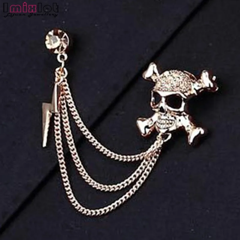 

Imixlot Unisex Men Brooch Personality Skull Head Lightning Chain Tassel Brooches Pin Badge Men's Suits Badge