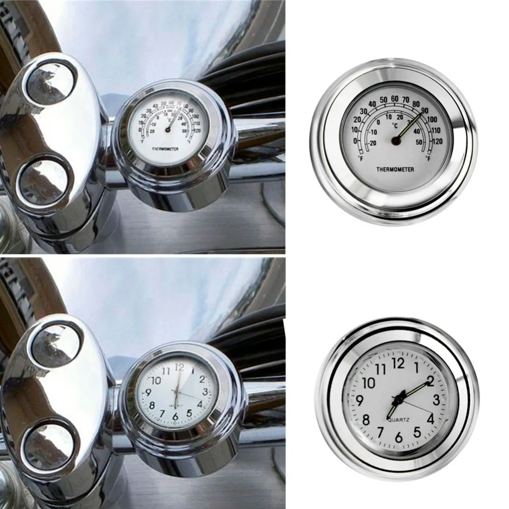 Waterproof Motorcycle Handlebar Dial Clock Thermometer For Harley 7/8