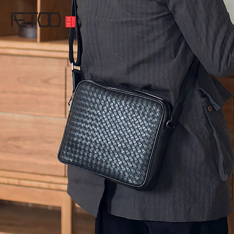 

AETOO Men's leather handmade woven bag fashion Korean version cowhide oblique cross bag packets shoulder bag