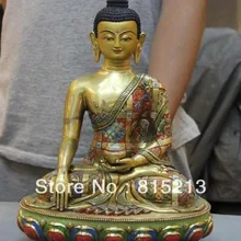 Bi00178 12 Тибет Бронза Медь 24 К Золото Позолотой Окрашенные 8 сокровищ Шакьямуни Статуя Будды