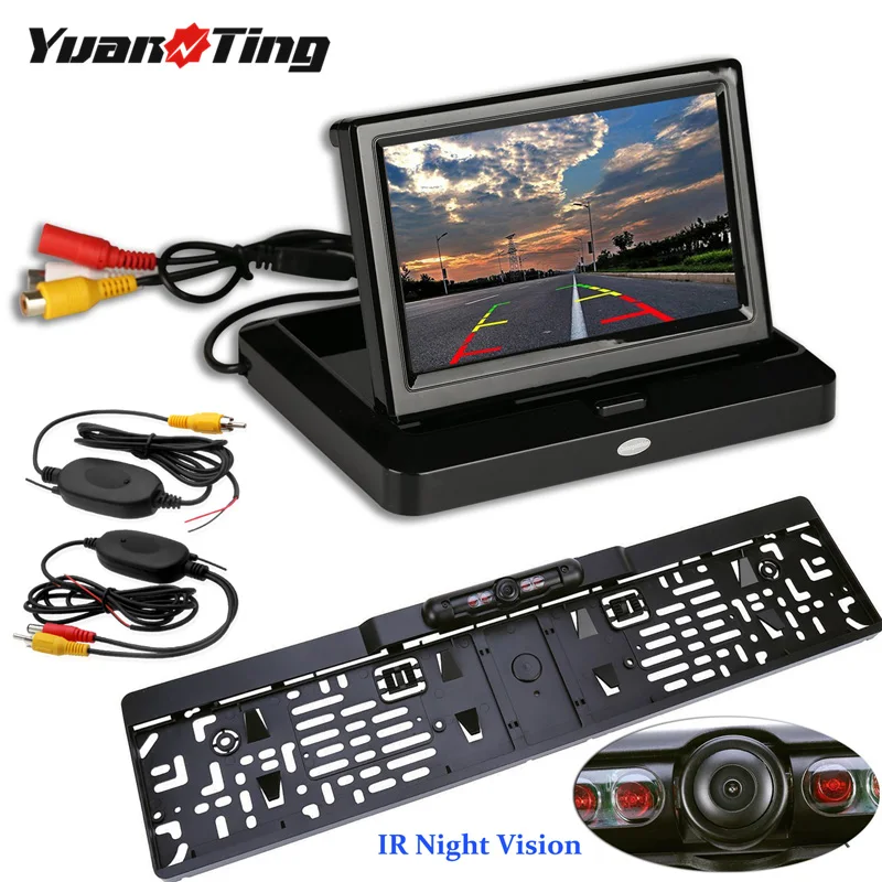 

YuanTing Wireless 5'' Rearview car monitor Night Vision Waterproof COMS EU License Plate Frame Backup Reversing Parking Camera