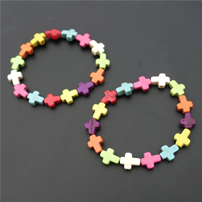 

12 Pieces Natural Rainbow Matte Stones Stacking Bracelet Mini Colorful Howlite Cross Beads Handmade Gift for Kids Wrist Jewelry