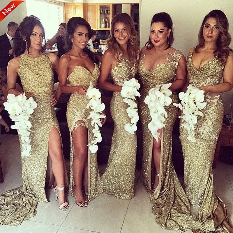 5 Styles Sequins Side Mermaid Lace Gold Bridesmaid Gowns 5 Styles Sequins Side Mermaid Lace Gold Bridesmaid Gowns Champagne Silver Sequined Dresses Fast Shipping In From