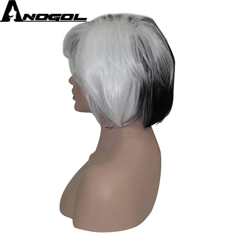 Anogol Brand New Cruella Deville Side Bangs Half White Black Layered  Synthetic Cosplay Wig For Women Party Halloween + Wig Cap