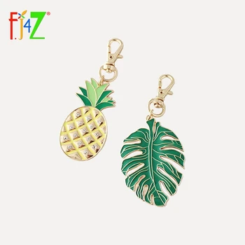 

F.J4Z Brand Design Enamel Monstera Leaf Keychain Rhinestone Inlay Pineapple Key Holder Girl's X'mas gift Jewelry Bijoux