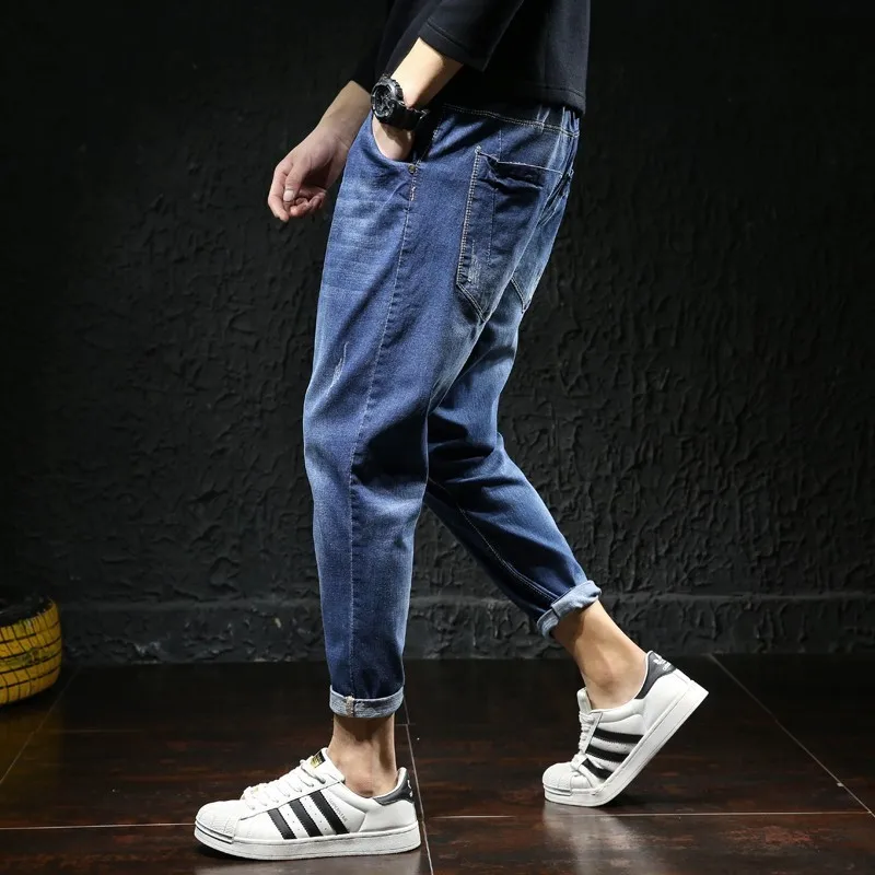 Elasticated Waist Ankle-Length Mens Ripped Jeans For Hombre Vaqueros Baggy Homme Men Streetwear Jean Calca Masculina Biker Denim