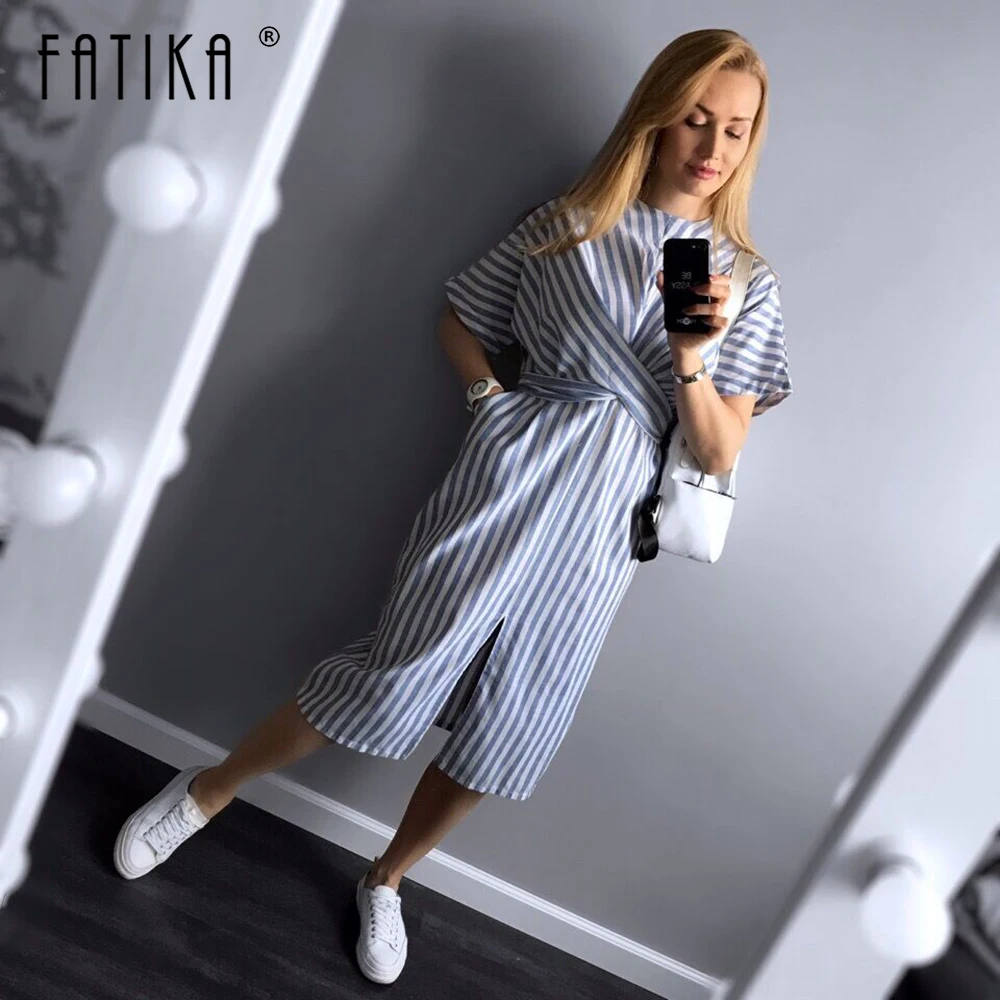 

Fatika 2019 Summer Short Sleeve Striped Dress High Waist Women Mid Calf Split Dress Women Clothing