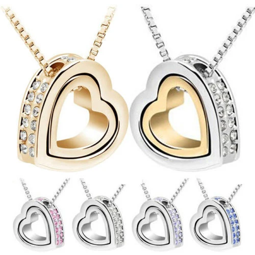 

QCOOLJLY Gold Color Heart in Heart Shaped Austrian Crystal Pendant Necklace Fashion Jewelry for Women Party Gift